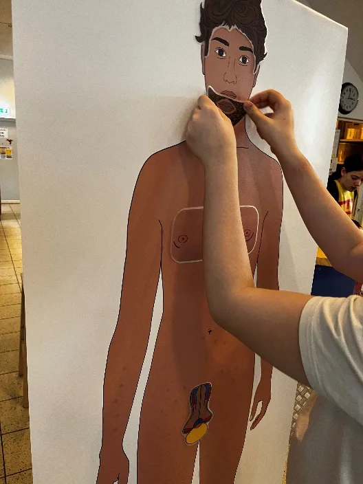 Plakat mit Mensch ohne geschlechtliche Merkmale, Jugendliche befestigt einen magnetischen Bart.