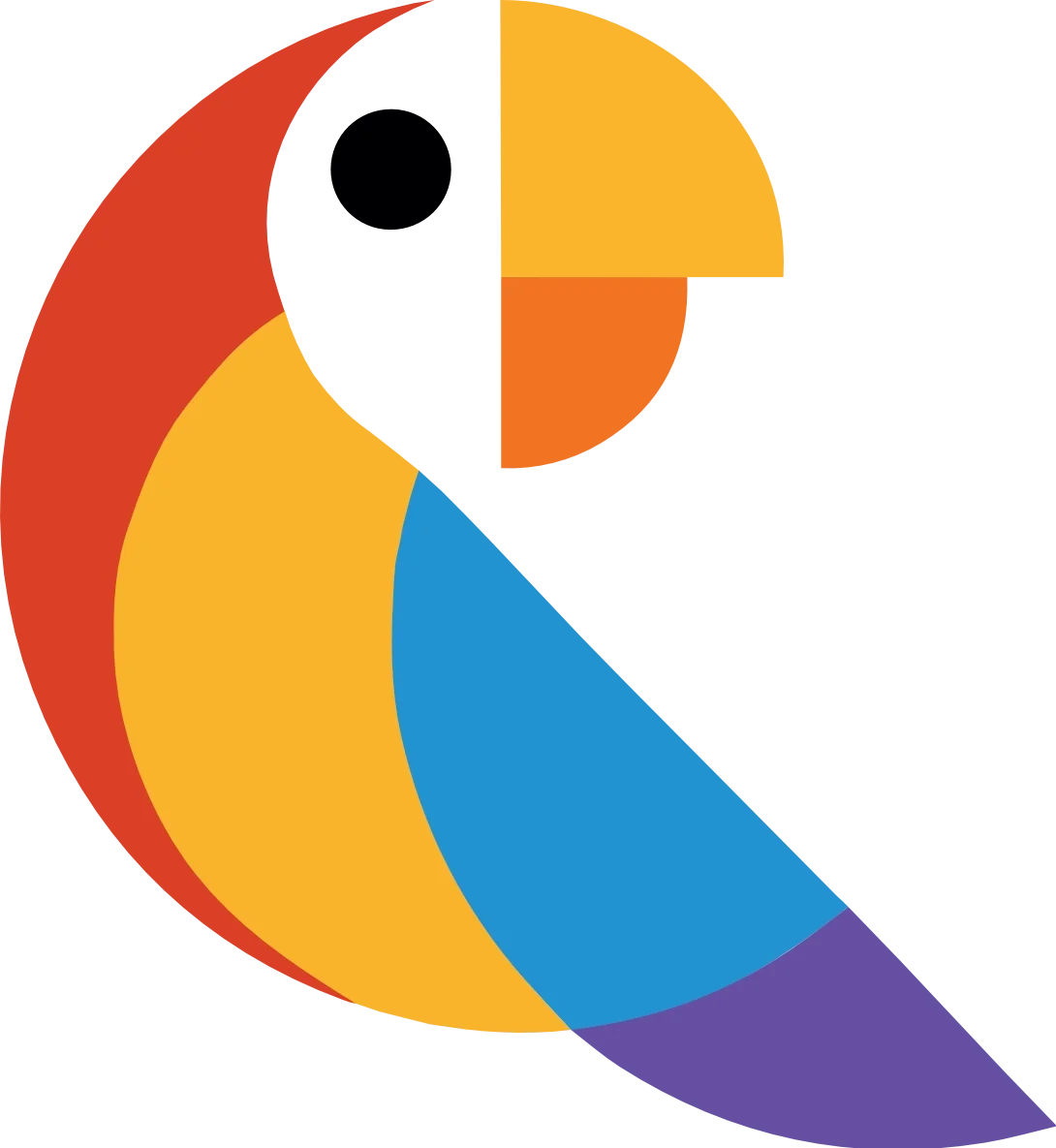 Logo von Rosalinda: ein flach gezeichneter Papagei aus Flächen in Rot, Gelb, Orange, Blau und Violett.